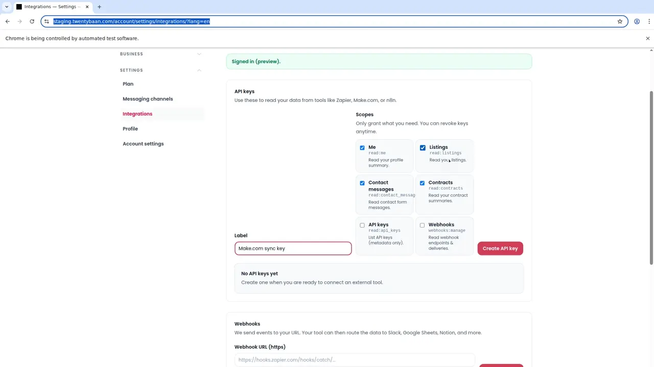 Twentybaan Integrations settings showing the API key form and scope choices.