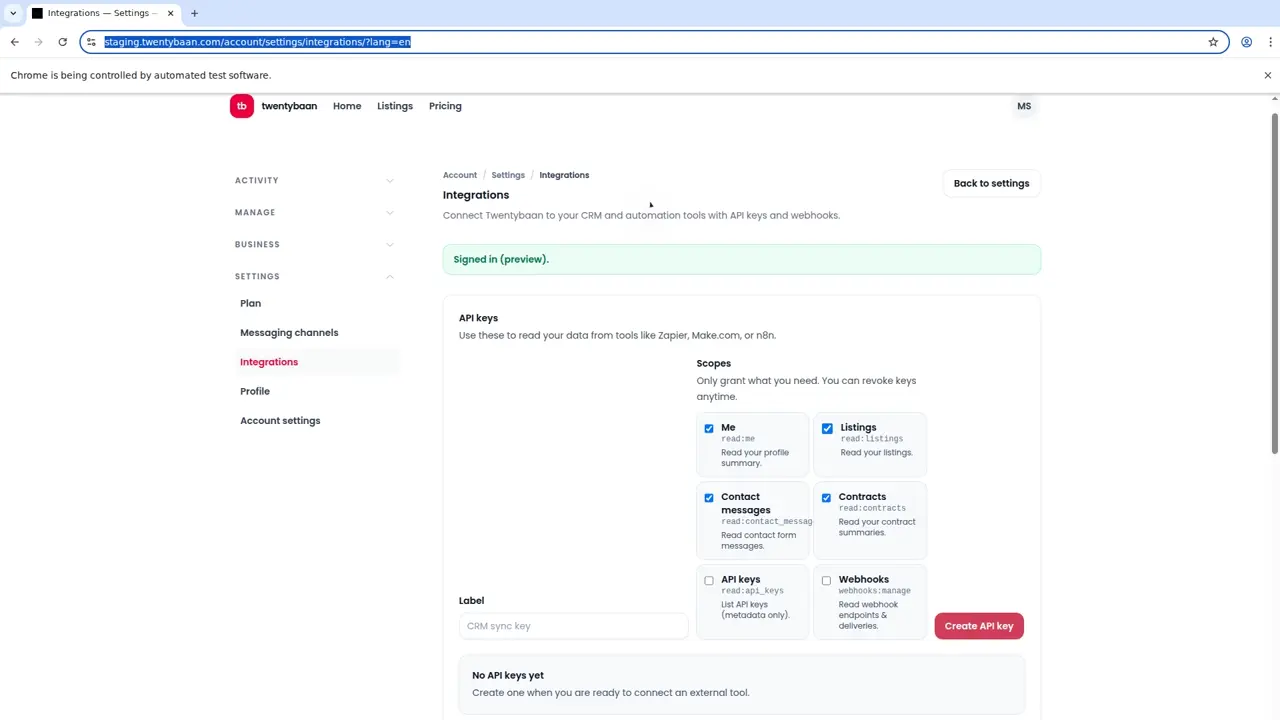 Twentybaan Integrations settings page on staging.twentybaan.com.