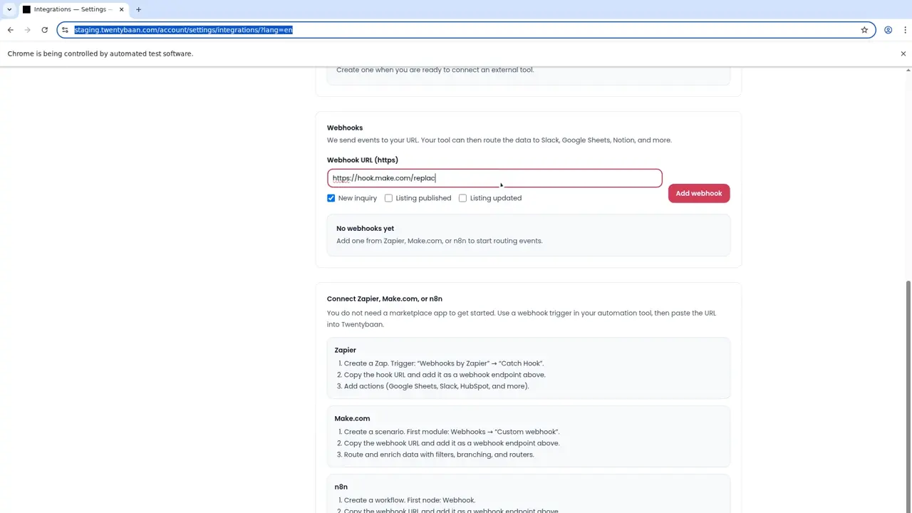 Twentybaan Integrations settings showing the webhook URL form for a Make.com endpoint.