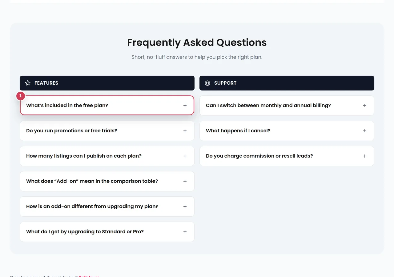 Twentybaan Pricing page: FAQ accordion section.