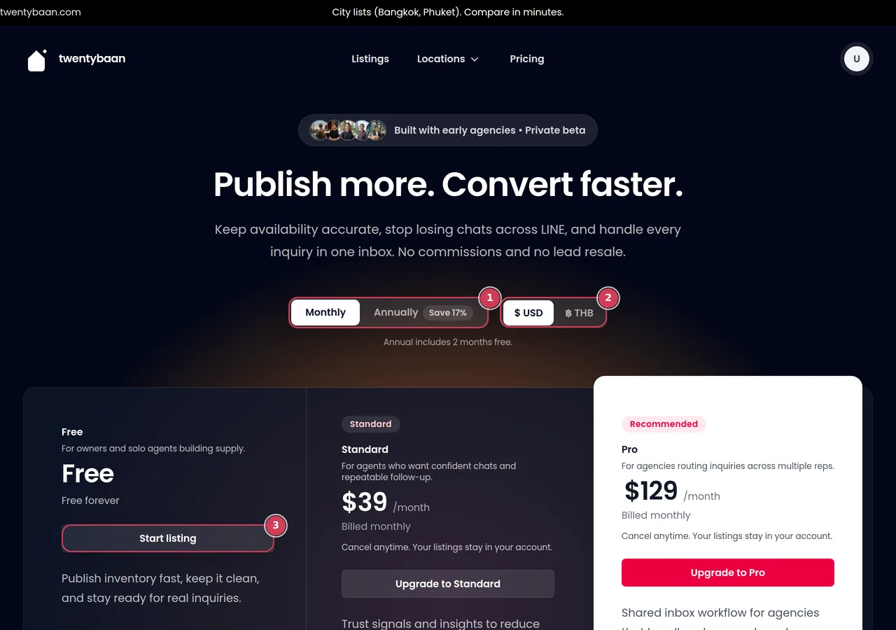 Twentybaan Pricing page: billing cadence toggle, currency toggle, and plan cards.