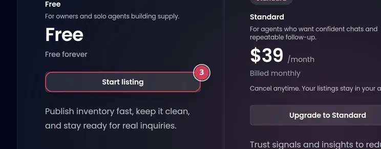 Zoom: start listing CTA on the Twentybaan Pricing page.