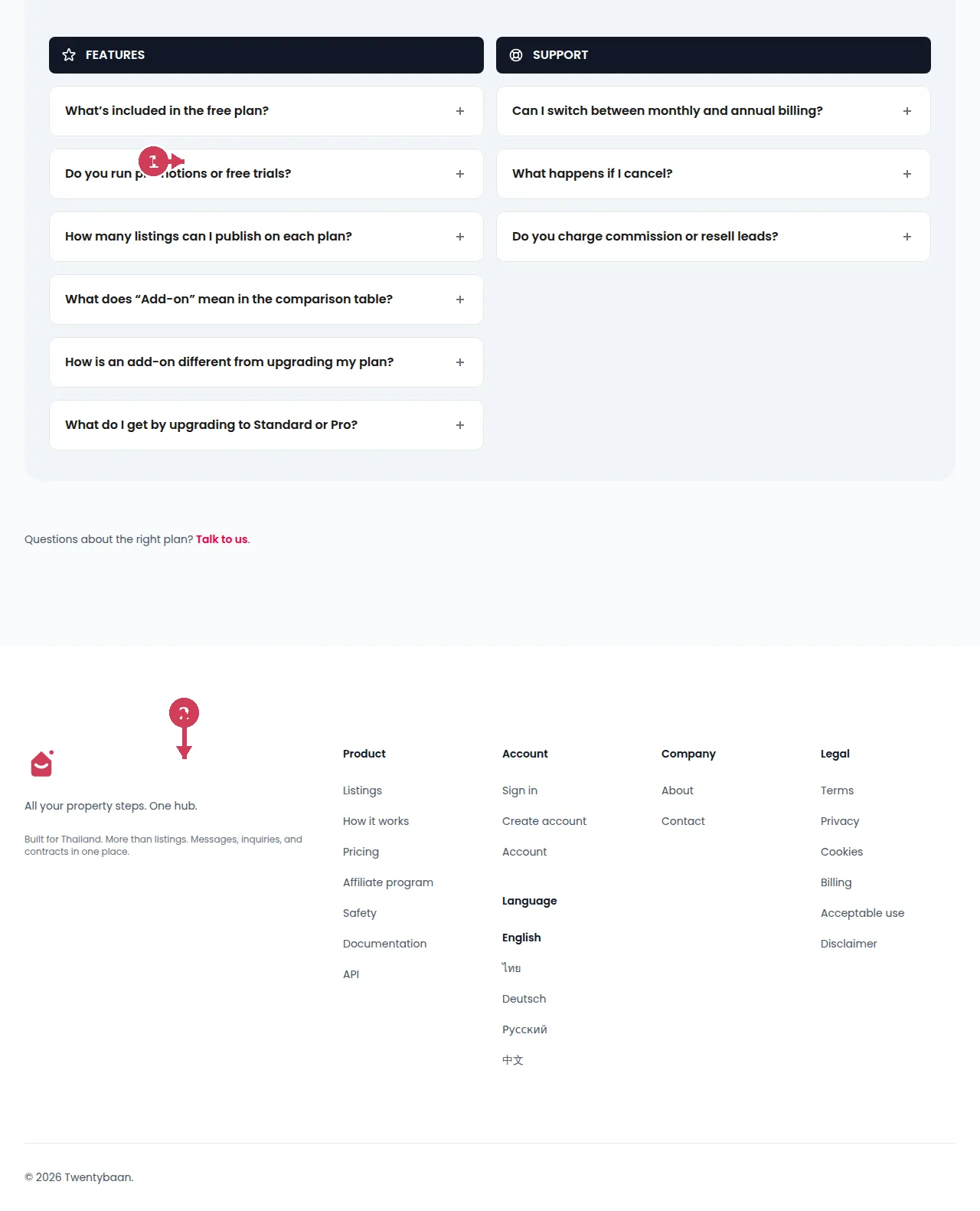 Twentybaan Pricing page: FAQ accordion section.