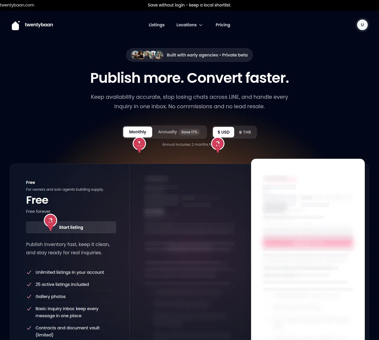 Twentybaan Pricing page: billing cadence toggle, currency toggle, and plan cards.