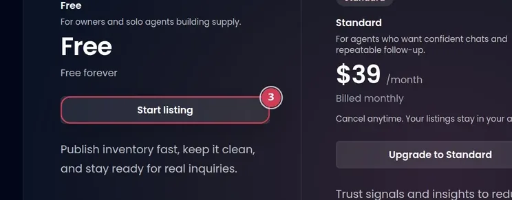 Zoom: start listing CTA on the Twentybaan Pricing page.