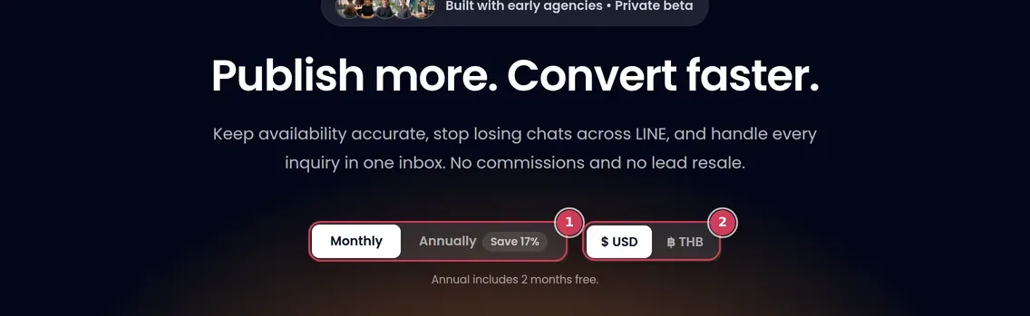Zoom: billing and currency toggles on the Twentybaan Pricing page.